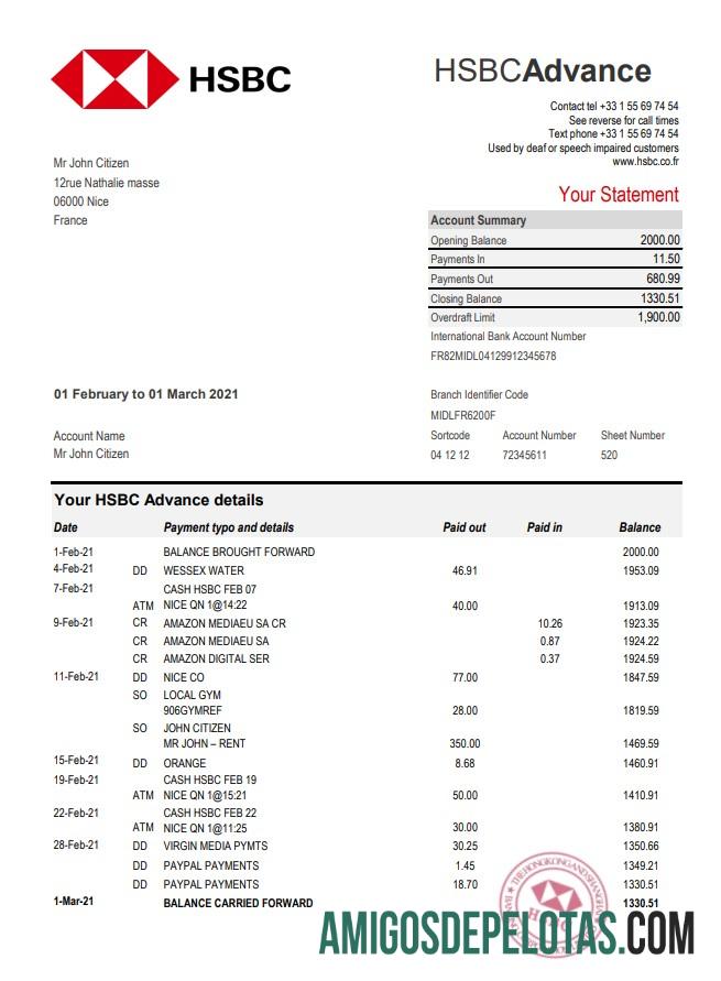 Modelo realista de extrato bancário HSBC da França em formato Excel e PDF
